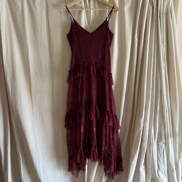 Lulu's Wonderfully Whimsical Burgundy Lace Ruffled Midi Dress - Picture 5 of 13